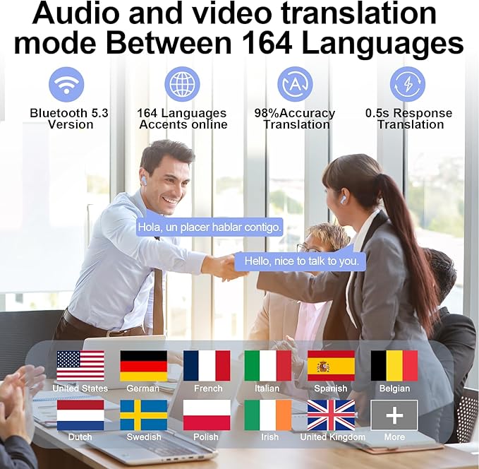 AI Translation Earbuds Real Time with Audio and Video Calls, 3-in-1 Language Translator Earbuds Support 164 Languages and 7 Translation Modes, 32H Buletooth 5.3 Headphones with Mic, Blue