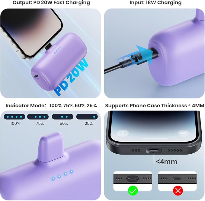 [2-Pack] Mini Portable Charger for iPhone,5200mAh Ultra Compact PD Fast Charging Power Bank,Plug-in Battery Pack Travel Cordless Phone Charger,Compatible with iPhone 14/14Pro/13/12/11/X/8(Purple+Red)