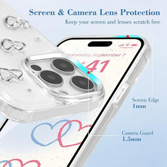 EYZUTAK Case for iPhone 14 Pro Max, Bling Glitter 3D Hearts Phone Case Cute Sparkly Crystal Clear Heart Aesthetic Design Case Slim Soft Durable TPU Transparent Protective Cover for Women Girls - Heart