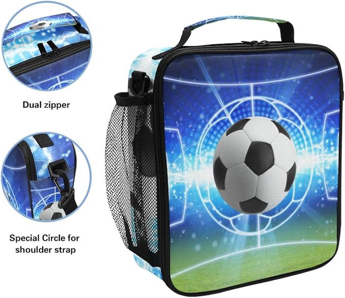AUUXVA Lunch Box Bag Sport Ball Football Soccer Lunchbox Insulated Thermal Cooler Ice Adjustable Shoulder Strap for Women Men Boys Girls