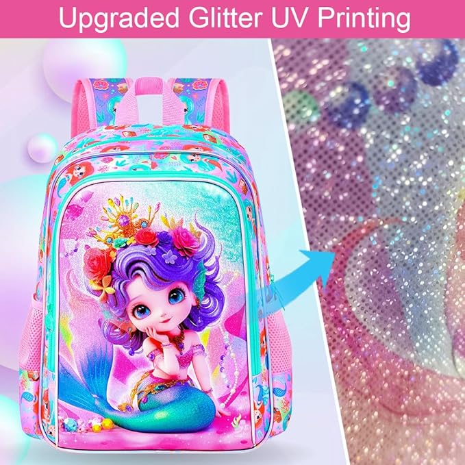 Mermaid Backpack, 16" Girls Kids Bookbag with Lunch Box，3Pcs School Backpacks for Elementary Preschool Kindergarten (Pink)