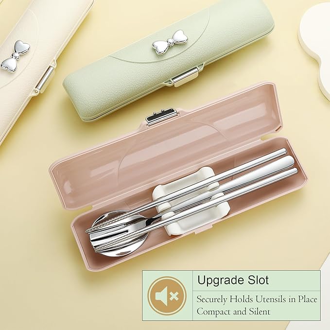 DEVICO Travel Silverware Set with Case, Portable Lunch Utensils Set for Work, Reusable Travel Cutlery Set, 18/8 Stainless Steel Flatware for Caming School Picnic, Dishwasher Safe (Pink)