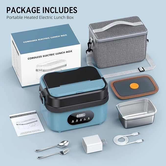 Cordless Electric Lunch Box for Adults, Rechargeable Portable Self-Heating Lunch Box Food Warmer, 1.5L Container for Outdoor, Work, Office, Camping, Travel(Blue＆Black)