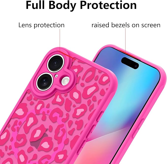 KANGHAR Case for iPhone 16 Plus Hot Pink Leopard Printed Pattern Cute Cheetah [Compatible with Magsafe] Protective Magnetic Case for Girls Women 6.7"