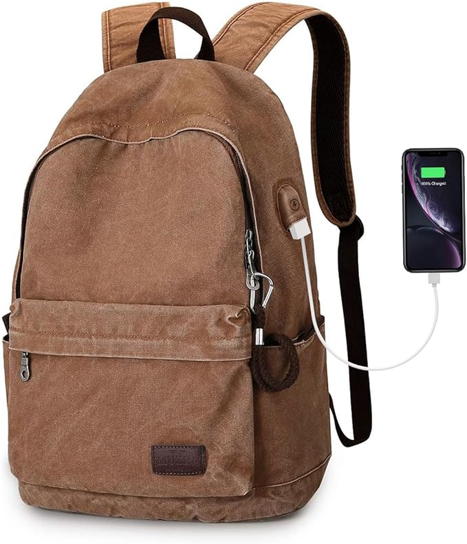 Muzze Canvas Backpack for Women and Men, Lightweight Classic Laptop Backpack with USB Charging Port for School, Travel and Daily Use, Khaki