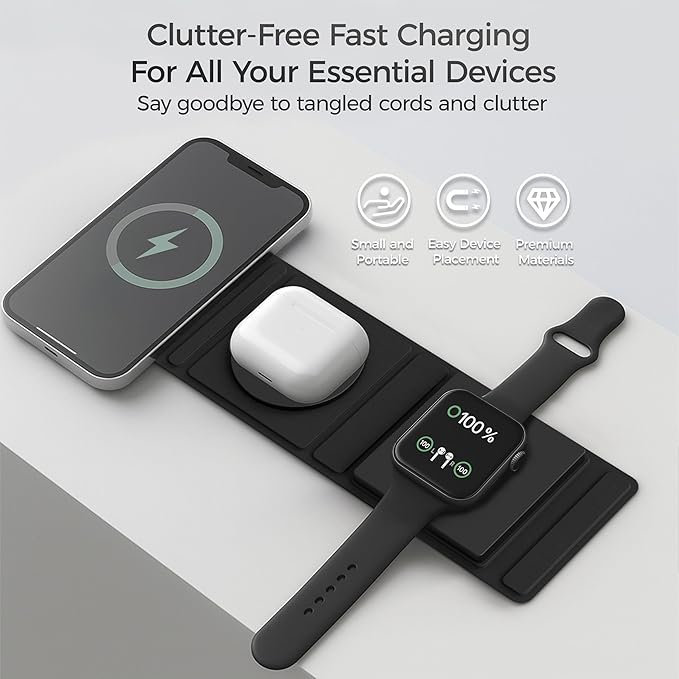 3-in-1 Magnetic Wireless Charging Station for Multiple Apple Devices – Foldable Travel Charger for iPhone 16/15/14/13/Pro/Max, Apple Watch, AirPods 4/3/2/Pro – 20W Dual Power Adapter Included