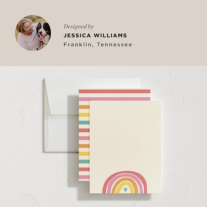 Minted Cheerful Stationery Set, Set of 10, Flat Note Cards & Envelopes for Invitiations and Handwritten Thank You Messages, Rainbow with Heart Accent, Gifts for Teachers, Luxurious Paper