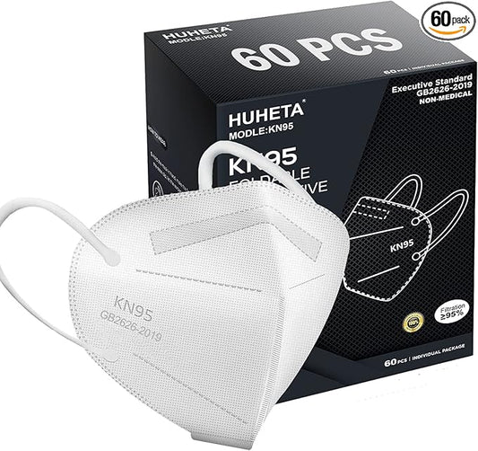 HUHETA KN95 Face Mask 60 Pack, 5-Ply Breathable & Comfortable Safety Mask, Filter Efficiency>=95%, Protective Cup Dust Masks Against PM2.5 - Individually Wrapped (White Mask)