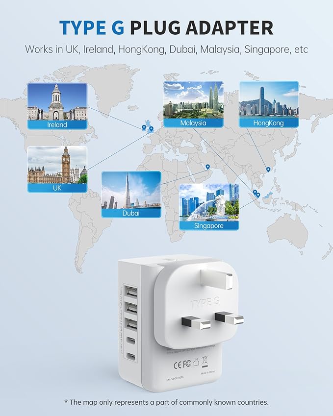 US to UK Plug Adapter, Type G Travel Adapter with 2 US Outlets, 3 USB-A & 2 USB-C Ports, Swappable International Power Adapter for Ireland England Singapore Hong Kong Scotland Dubai Qatar (X232G)