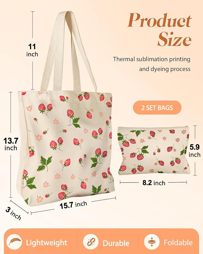 2 Pack Canvas Tote Bag - with Makeup Pouch Aesthetic Cute Women Reusable Canvas Bag for Shopping, Work, Travel
