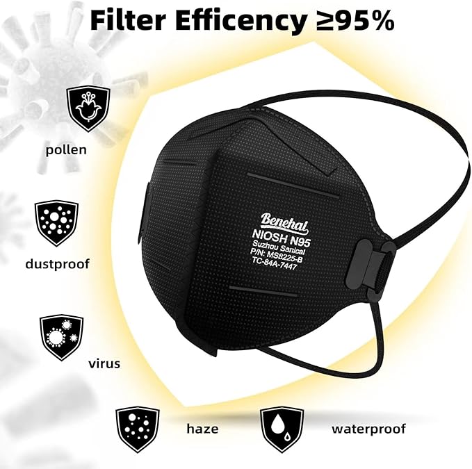 N95 Black Masks, 30 Pack NIOSH Certified N95 Disposable Respirator 5 Layers Safety Breathable Mask with 95% Filtering Efficiency Adjustable Comfort Protection Prevent PM2.5 Dirt, For Adults, Men Women