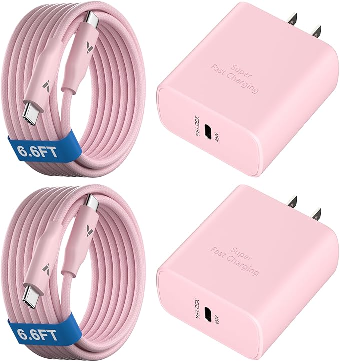 45W Super Fast Charger USB C, 45 Watt Type-C Android Phone Charger Fast Charging Block with 6.6FT Type C Cords for Samsung Galaxy S25 Ultra/S24 Ultra/S24+/S23 Ultra/S22 Plus/S20, Tab S9/S8 Ultra(Pink)