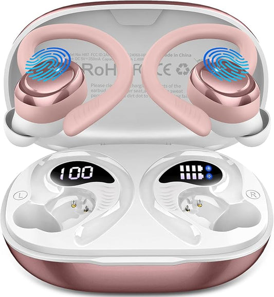 Wireless Earbuds Sport, 2025 Bluetooth 5.4 Headphones with Earhooks, 50H Stereo Deep Bass Over Ear Buds with 4 ENC Noise Canceling Mics, IP7 Waterproof Earphones for Running Workout Gym -Rose