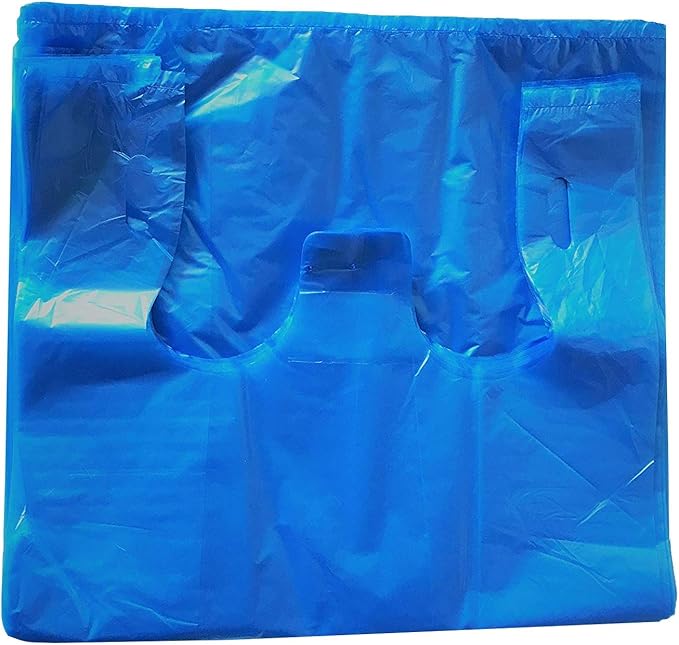 Blue T-Shirt Bags, 20 x 10 x 36 Inches. Pack of 300 Plastic Merchandise Bags, 20 Micron. Unprinted Grocery Bags with Handles. High Density Polyethylene Shopping Bags for Small Business