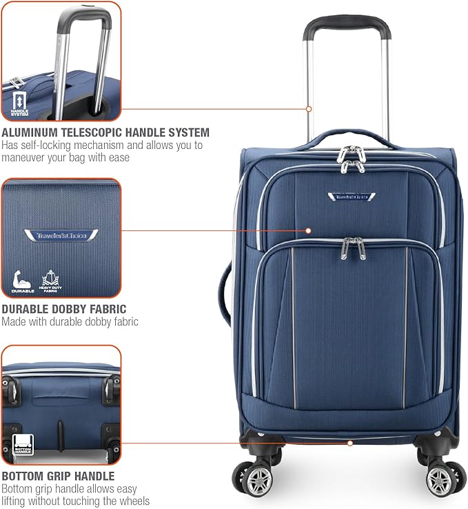 Traveler's Choice Lares Softside Expandable Luggage with Spinner Wheels, Navy, Carry-On 22-Inch