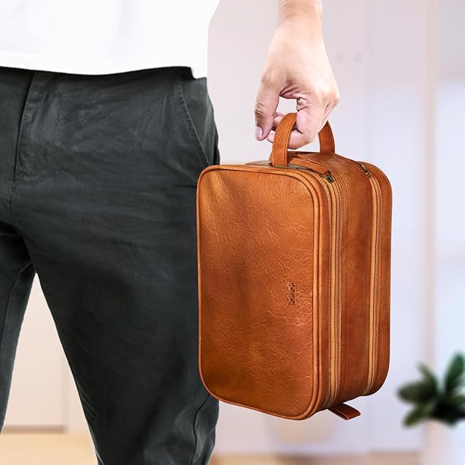 Dot&Dot Leather Toiletry Bag for Men Women - Spacious Womens Mens Toiletry Travel Bag, Large Travel Toiletries Bags (Rugged Brown, Large)