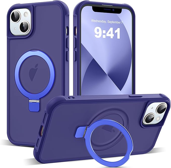 Compatible with iPhone 13 Case & iPhone 14 Case with Invisible Magnetic O-Ring Stand Translucent Phone Cases for 13 & 14 6.1" [Compatible with Mag-Safe][Great Grip Feeling], Navy