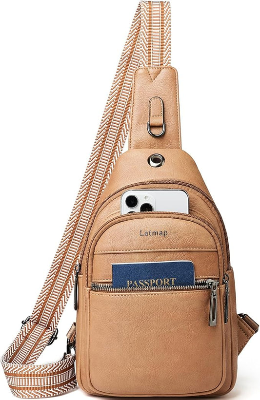 7L Sling Bag For Women Faux Leather Anti Theft Small Casual Daypack Backpack Fanny Pack Crossbody Chest Bags Purse Waterproof Tan