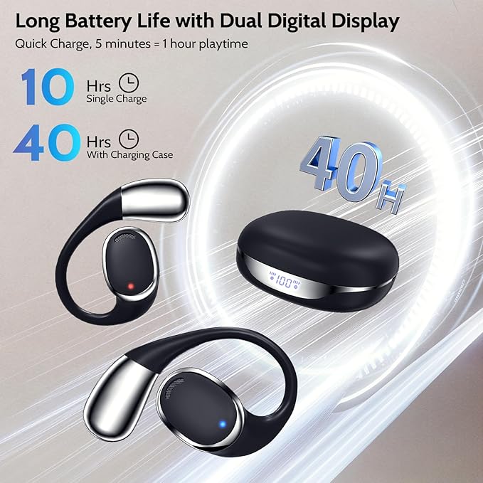 Open Ear Headphones Earbuds Wireless 5.3 Bluetooth Earbuds with LED Digital Display IP55 Waterproof, Wireless Headphones Touch Control Sport Earbuds for Running, Cycling, Gym, Hiking, Gift