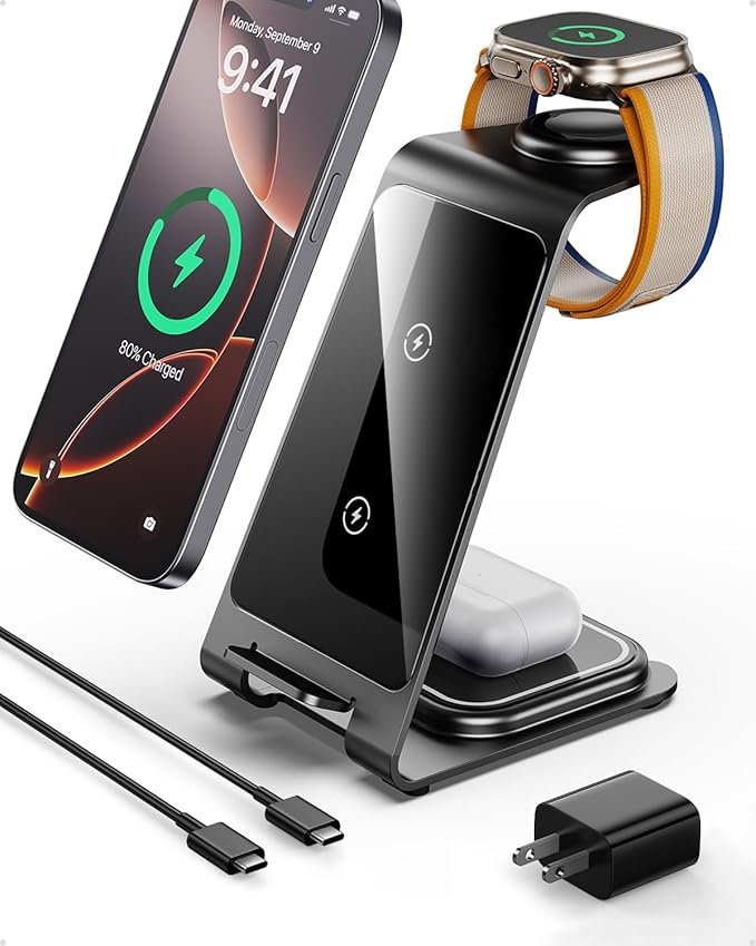 Intoval 3 in 1 Wireless Charging Station for iPhone 16 15 14 13 12 11 X Pro Max, Wireless Charger for Apple Watch Ultra 3 SE 9 8 7 6 5 4 3 2, for AirPods 4 Pro Pro 2 3 (Y93, Grey)