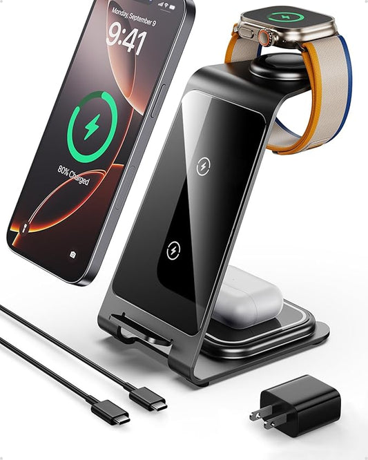 Intoval 3 in 1 Wireless Charging Station for iPhone 16 15 14 13 12 11 X Pro Max, Wireless Charger for Apple Watch Ultra 3 SE 9 8 7 6 5 4 3 2, for AirPods 4 Pro Pro 2 3 (Y93, Grey)