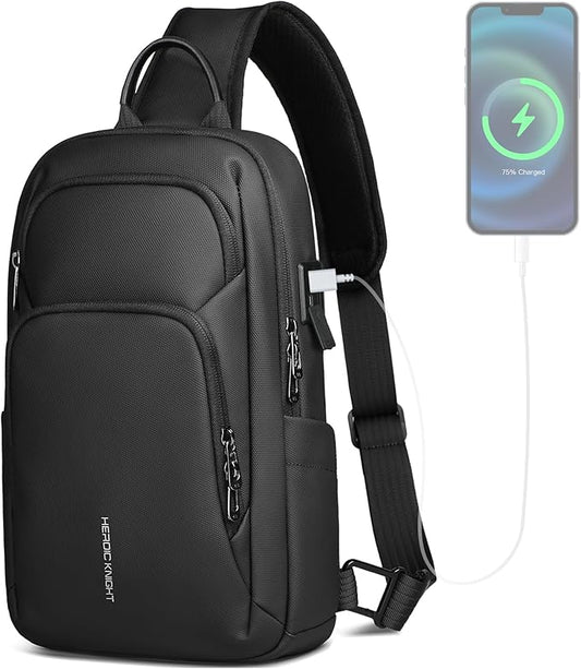 hk Sling Bag for Men with water bottles – Lightweight Waterproof Crossbody Bag with Tablet Pocket, Small Anti Theft Shoulder Bag with USB Charging Port for Daily Commute and Travel