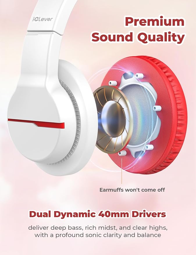 iClever HS19 Kids Headphones with Microphone, 74/85dBA Volume Limiter - Shareport - Over Ear Stereo Headphones for Kids Boys Girls, Foldable 3.5mm Jack Wired Headphone for iPad/School/Travel, White