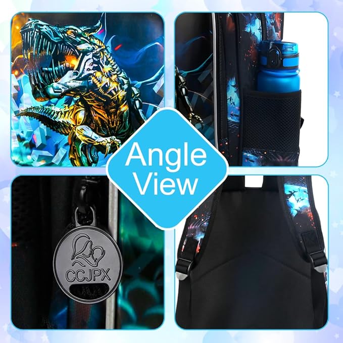 CCJPX 3PCS Kids Backpack for Boys, 16 Inch Dinosaur Water Resistant Preschool Backpacks, Kindergarten School Bookbag with Lunch Box for Toddler Travel