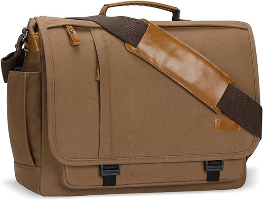 ESTARER Messenger Bag 17-17.3 Inch, Men's Computer Bag Water-resistant Canvas, Laptop Shoulder Bag for Travel Work College, Brown