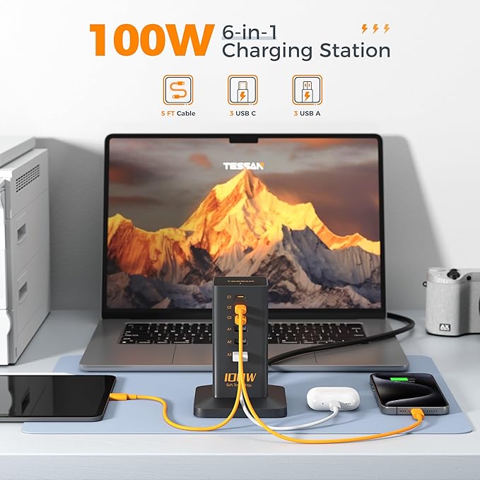USB C Charger Blcok PD 100W, TESSAN 6-in-1 Charging Station for Multiple Devices, Desktop Tower Charger with 6 USB Ports for iPhone 16/15, MacBook, Tablet, Office Home Dorm Room Accessories
