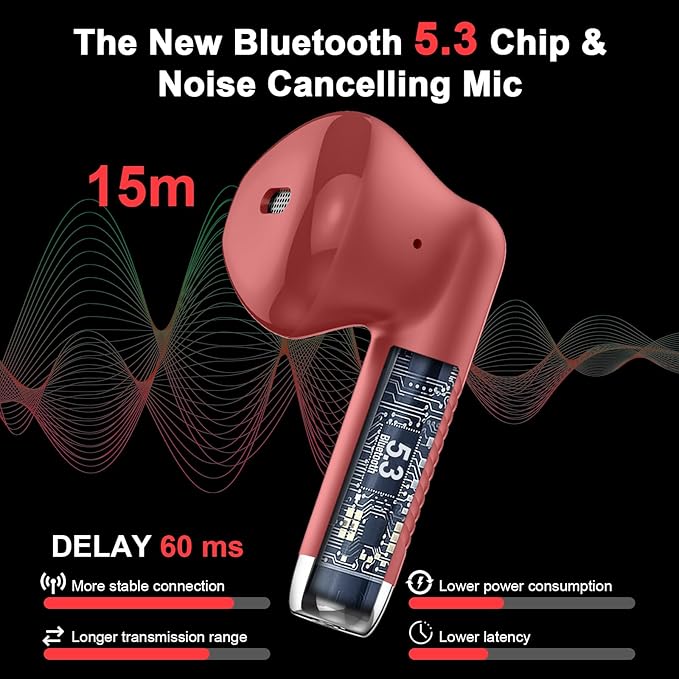 Wireless Earbuds, Bluetooth 5.4 Earbuds Stereo Bass, Bluetooth Headphones in Ear Noise Cancelling Mic, Earphones IP7 Waterproof Sports, 32H Playtime USB C Charging Case Red Ear Buds for Android iOS