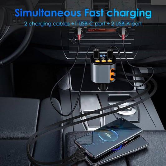 Retractable Car Charger,5 in 1 Fast Cars Phone Charger 90W,Bluetooth 5.3 FM Transmitter Adapter,Handsfree Call,2 Retractable Cables and USB Chargers for iPhone17/16 15/14/13