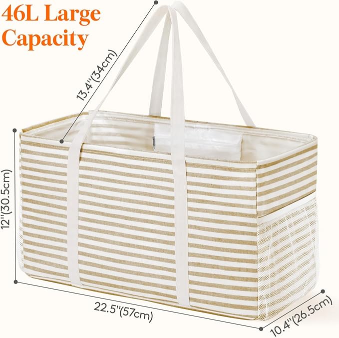 Lifewit Extra Large Tote Bag, Reusable Grocery Bags with Metal Wire Frame and Handles, Standing Utility Foldable Shopping Bags for Storage, Picnics, Beach, Pool, Laundry, Car, Camping, 1 Pack, Beige