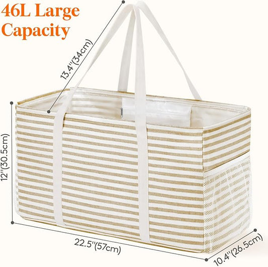 Lifewit Extra Large Tote Bag, Reusable Grocery Bags with Metal Wire Frame and Handles, Standing Utility Foldable Shopping Bags for Storage, Picnics, Beach, Pool, Laundry, Car, Camping, 1 Pack, Beige