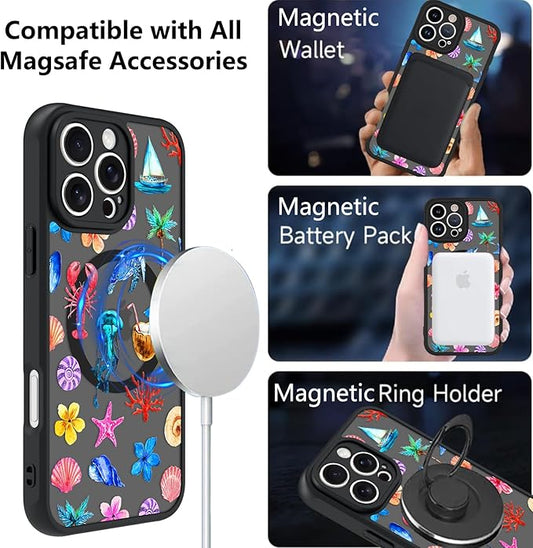 KANGHAR Case for iPhone 16 Pro Max [Compatible with Magsafe] Cute Flower Floral Sea Turtles Coconuts Jellyfish Collage Summer Pattern Protective Magnetic Case for Girls Women 6.9"
