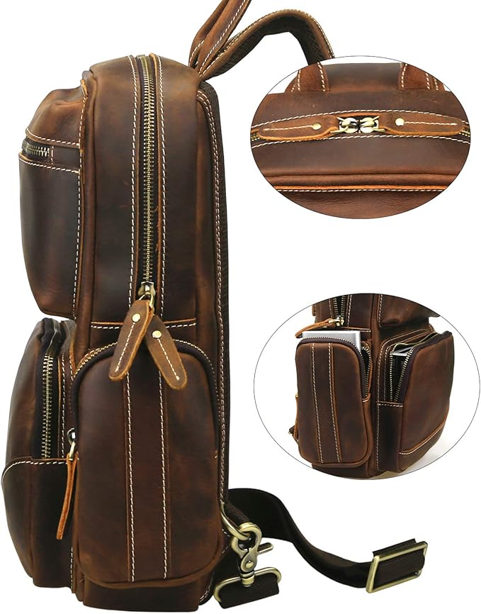 LANNSYNE Vintage Full Grain Leather Chest Sling Bag Fits 10.5 iPad Crossbody Single Strap Backpack for Men