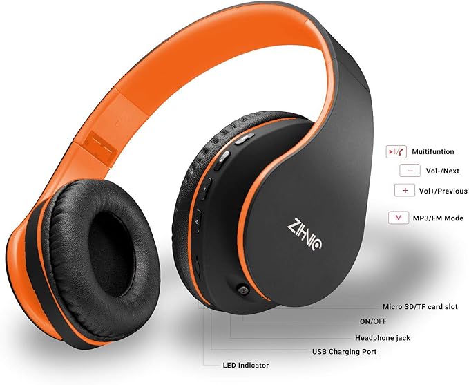 ZIHNIC Bluetooth Headphones Over-Ear, Foldable Wireless and Wired Stereo Headset Micro SD/TF, FM for Cell Phone,PC,Soft Earmuffs &Light Weight for Prolonged Wearing(Black/Orange)