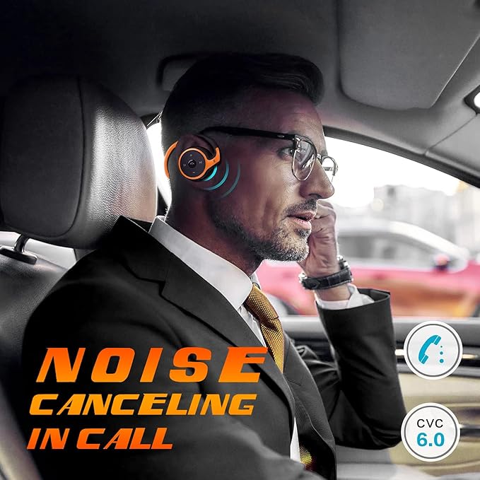 Small Bluetooth Headphones Wrap Around Head - Sports Wireless Headset with Built in Microphone and Crystal-Clear Sound, Foldable and Carried in The Purse, and 12-Hour Battery Life (Orange)