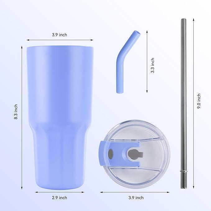 VEGOND 30 oz Insulated Stainless Steel Tumblers with lid and straw Bulk Pack Double Wall Vacuum Coffee Mug with Non-Slip Silicone Base, Sweat Proof Powder Coated Cup for Hot Cold Drinks, Blue 8Pack