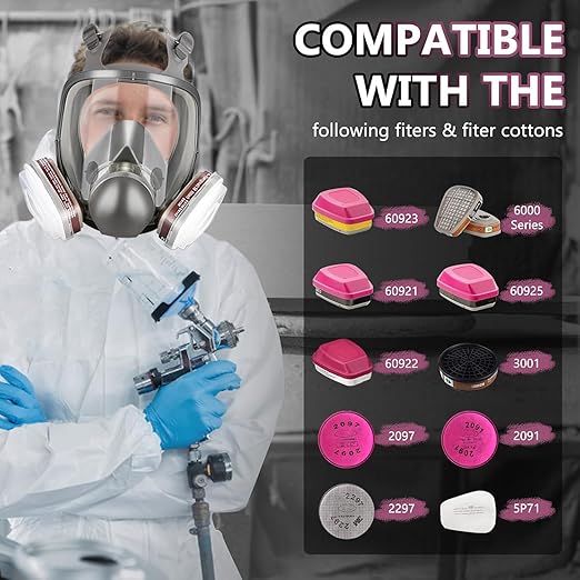 Full-Face Respirator Mask with Filters - Reusable Gas Mask with Filter Cottons, 6001 box and 2097 Particulate filter, Respirator Mask For Chemicals, Painting, Polishing, Welding, Spraying