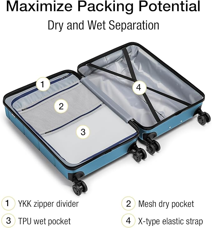 KYME Luggage Sets 2 Piece Hardshell 22"/26" Suitcase with Spinner Wheels Hardside Suitcases Sets with TSA Lock Lightweight Travel Luggage Set with Cup Holder for Women Men Blue