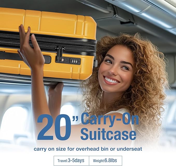 KYME Carry On Luggage 22x14x9 Airline Approved with TSA Lock Hard Shell Carry On Suitcase Lightweight Suitcases with Wheels Small Luggage for Men Women,Carry-On 20 Inch,Yellow