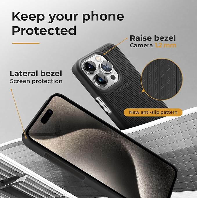 MOTIVE for iPhone 15 Pro Max Case with Belt Clip, Shell Holster Combo for Apple iPhone 15 Pro Max Holster, Slim Rugged Case, Drop Shockproof Protective Cover & Kickstand, 6.7 inch | Black