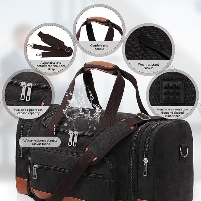 Men'S Duffle Bag For Travel, Expandable Canvas Duffel Bags Overnight Weekend Gym Carry On Luggage Bag For Men(Black)
