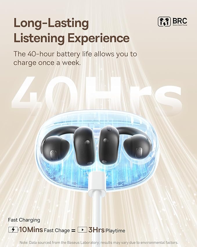 Baseus Bowie MC1 Open Ear Clip-On Earbuds, Adaptive Comfort with Anti-Drop Design, Impactful Sound with Adaptive Bass Boost, Adaptive Noise Cancelling Calls, IP57 Waterproof, 40H Playtime, Lightweight