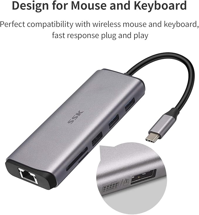 SSK USB C Hub, 8-in-1 Type C Multiport Hub to HDMI Adapter with RJ45 Ethernet, 4K30Hz HDMI, PD3.0 Powered, 3 USBs, SD/TF Card Reader USB C Dock for MacBook/Pro/Air and More