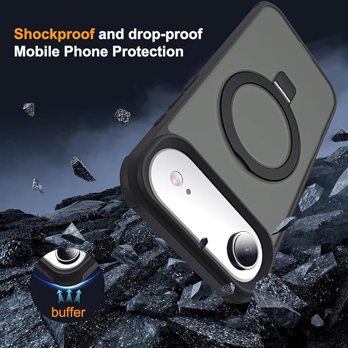 Compatible with iPhone 17 Air Case with Invisible Magnetic O-Ring Stand Military-Grade Translucent Phone Case for iPhone 17 Air 6.5" [Compatible with Mag-Safe][Great Grip Feeling], Black