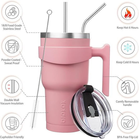 BJPKPK Tumbler With Handle 30 oz Tumbler With Lid And Straw Reusable Stainless Steel Travel Mug Insulated Coffee Cups,Light Pink