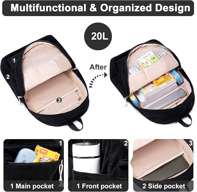 School Backpack for Teens Large Corduroy Bookbag Lightweight 15.6 inch Laptop Bag for Girls Women Casual High School College