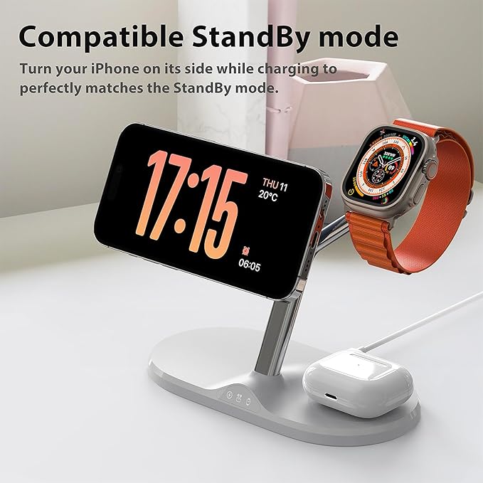 3-in-1 Wireless Charging Station for Apple Devices - Fast Charging Station for iPhone and Watch with MagSafe, Stable Charger Stand for iPhone 12-15 & iPhone 16 & iWatch & AirPods